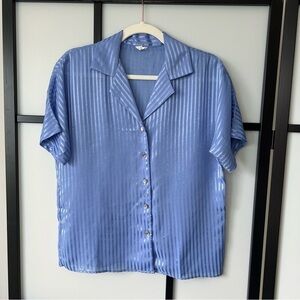 [M] Vintage 40s Striped Periwinkle Blue Striped Button Down Short Sleeve Blouse